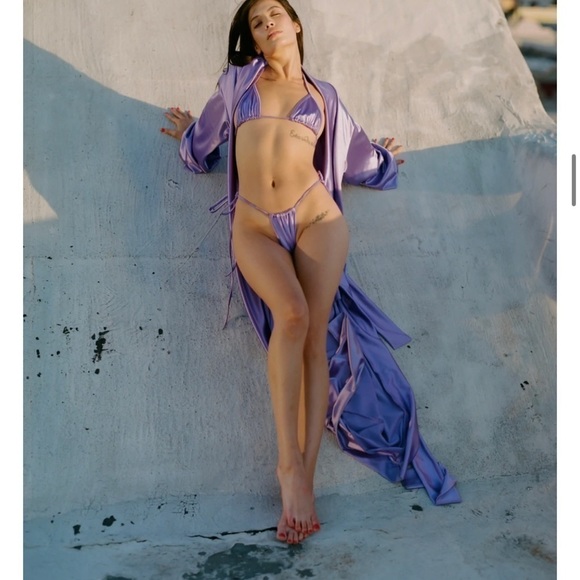 Laina Rauma S pants Purple Lavender pant club bed satin drawstring straight leg - Picture 3 of 9